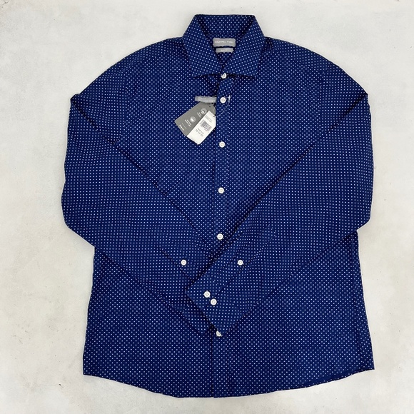 NWT Michael Kors Mens Size L Button-Up Dress Shirt Night Blue Slim Fit Untucked - Picture 1 of 12